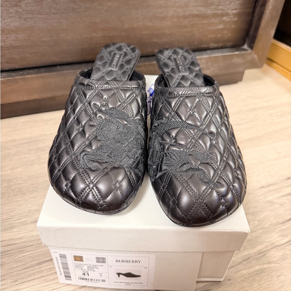 Burberry Black Quilted Leather Embroidered Backless Mules